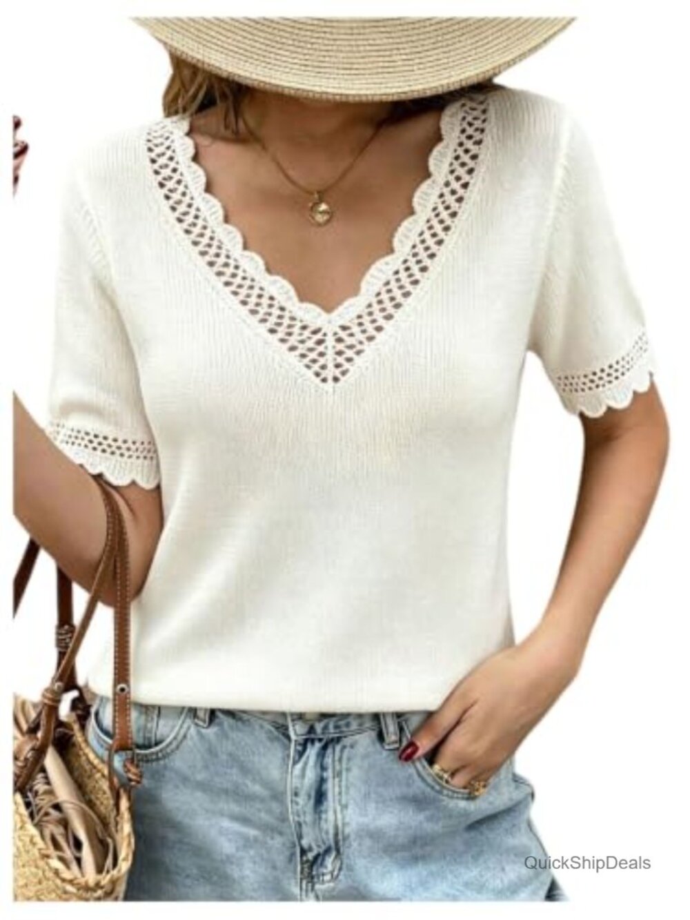 Short Sleeve V Neck Lace Trim Knit Sweater Pullover
